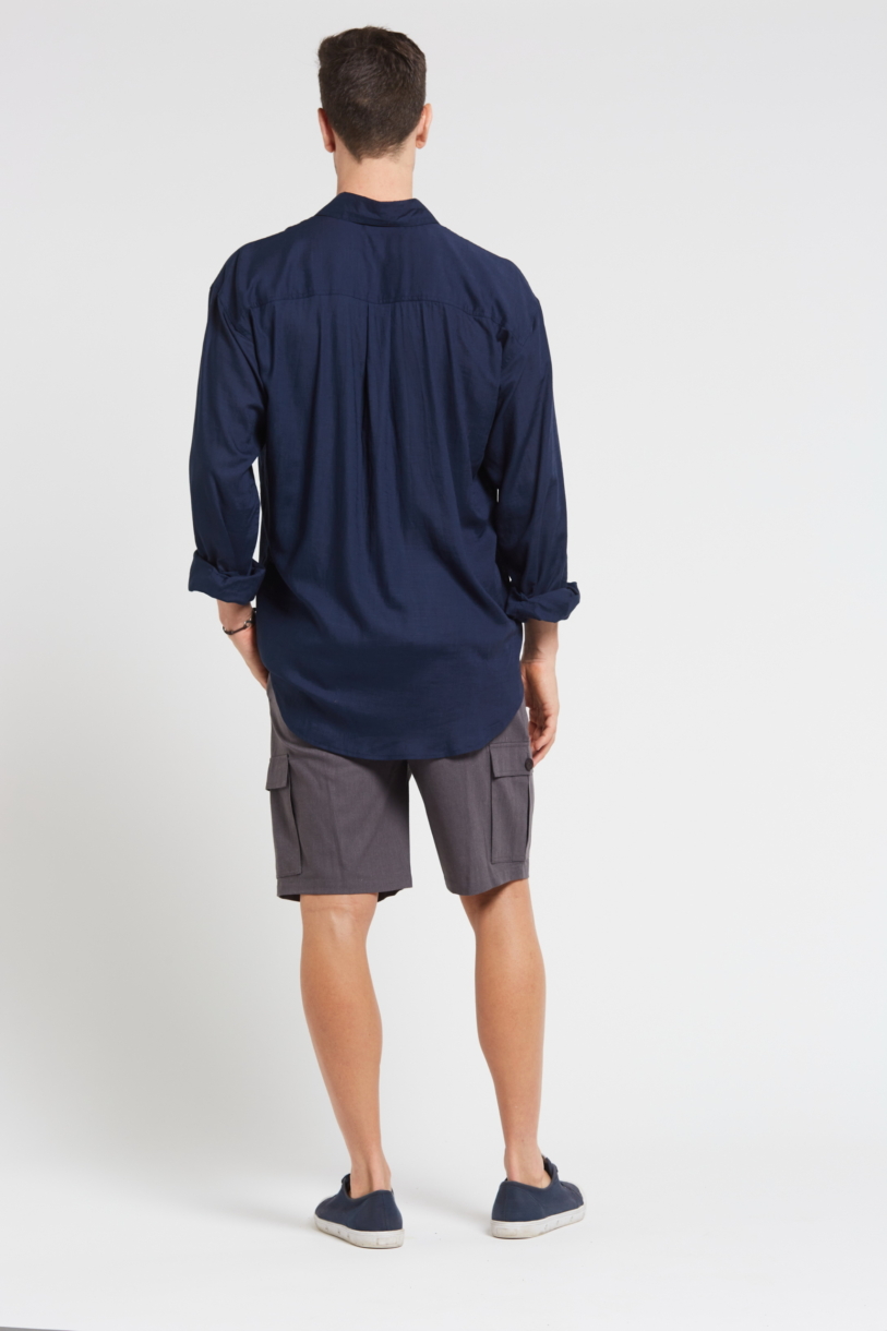 Mens Hemp Rayon Relax Fit Long Sleeve Shirt-Navy