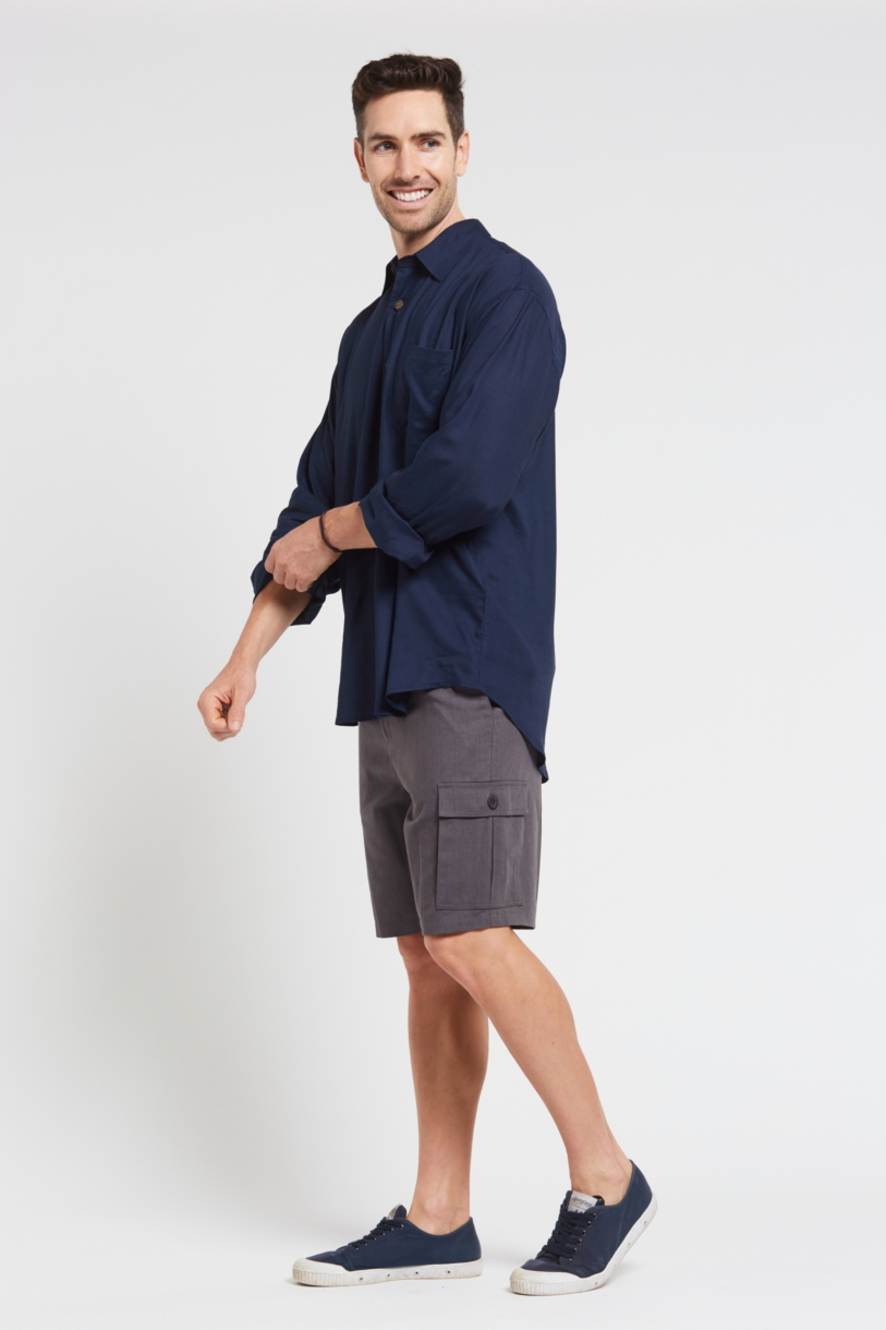 Mens Hemp Rayon Relax Fit Long Sleeve Shirt-Navy