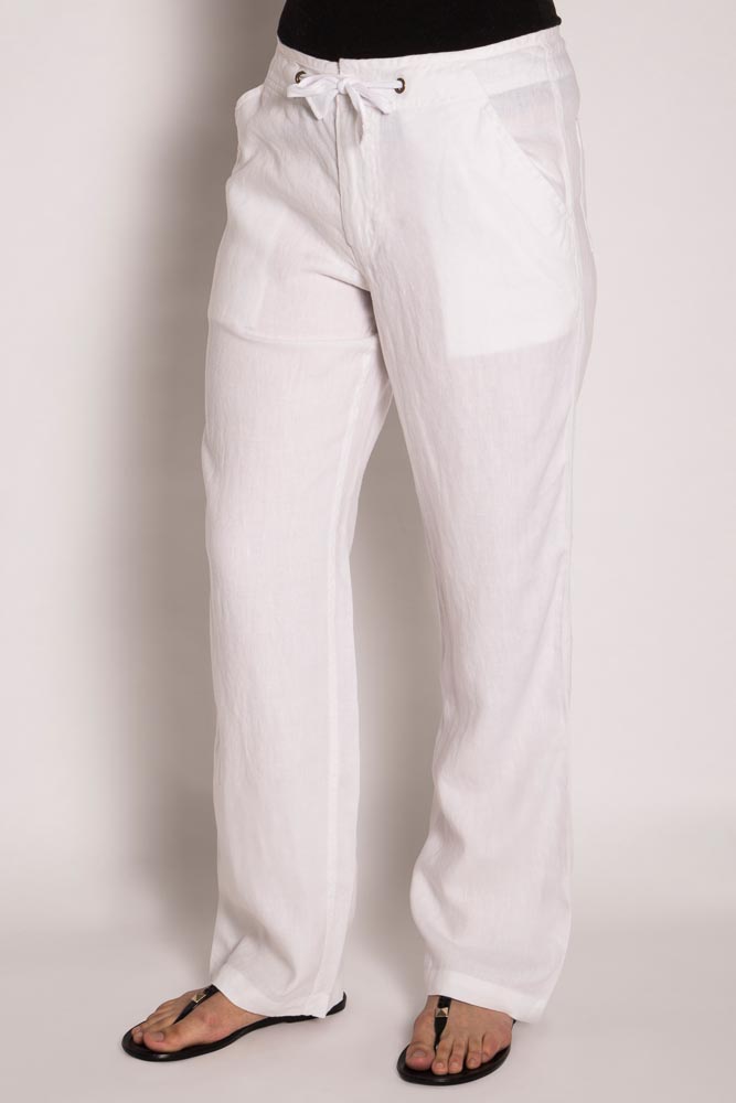 White LSB796 Ladies 100%Hemp Drawstring Beach Pants-White