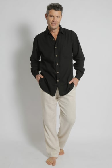 Mens Premium Hemp Rayon Relax Fit Long Sleeve Shirt-Black