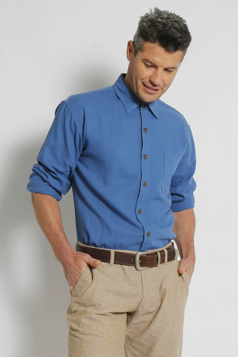 Mens Hemp Rayon Relax Fit Long Sleeve Shirt-Blue