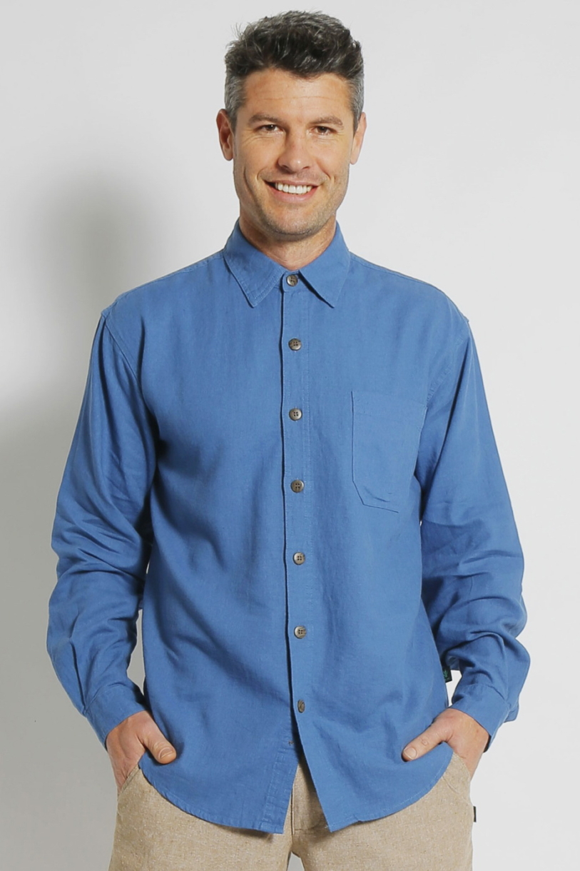 Mens Hemp Rayon Relax Fit Long Sleeve Shirt-Blue