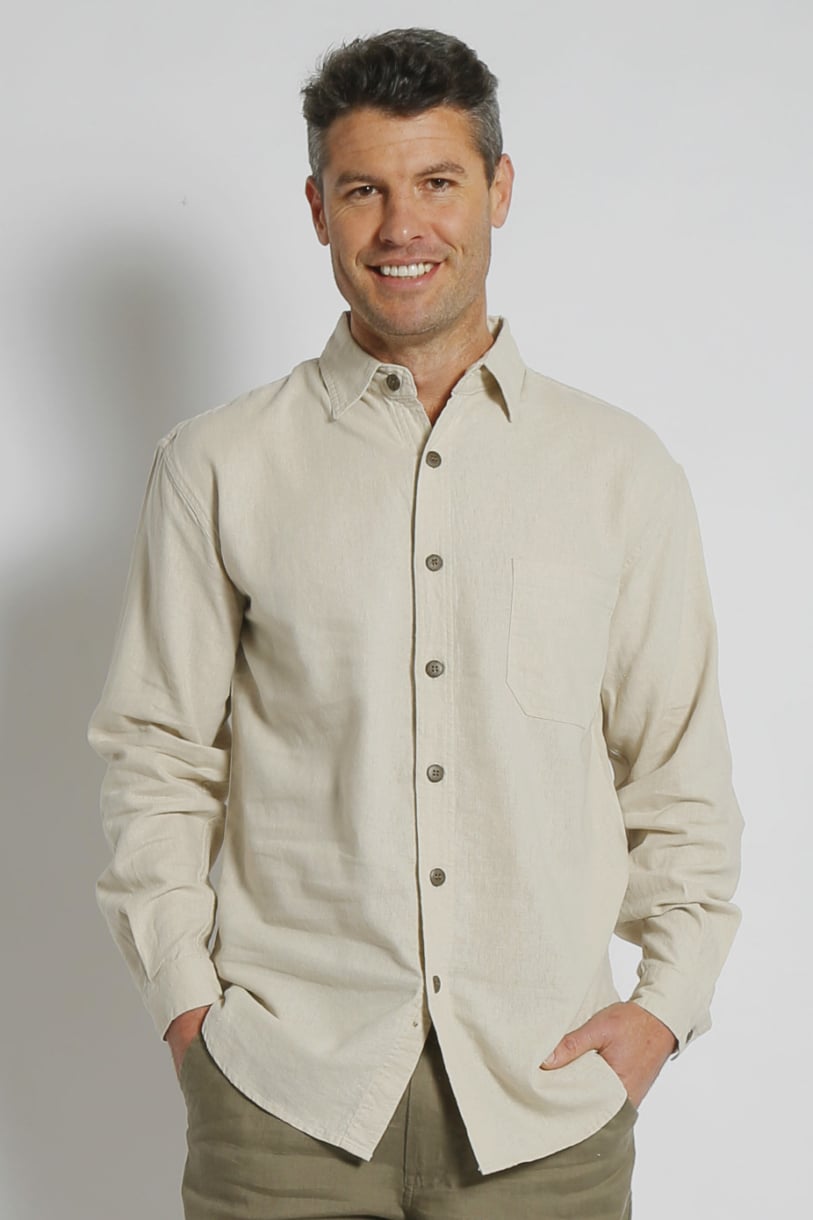 Mens Premium Hemp Relax Fit Long Sleeve Shirt-Bone - Braintree Hemp