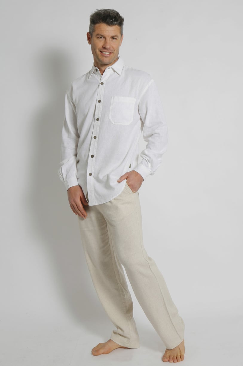 Mens Premium Hemp Rayon Relax Fit Long Sleeve Shirt-White