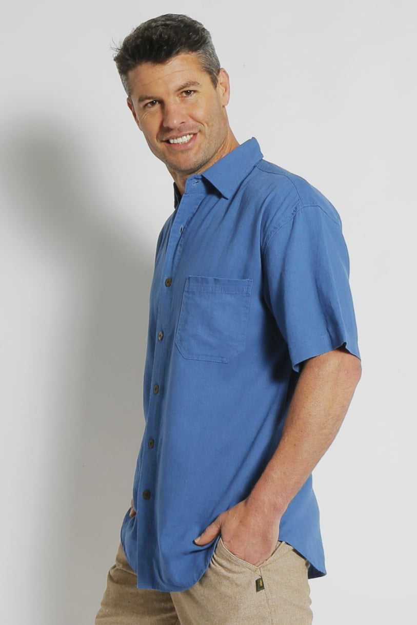 Mens Hemp Rayon Relax Fit Short Sleeve Shirt-Blue