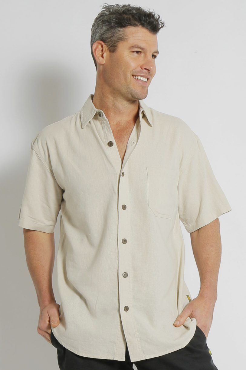 Mens Hemp Rayon Relax Fit Short Sleeve Shirt-Bone