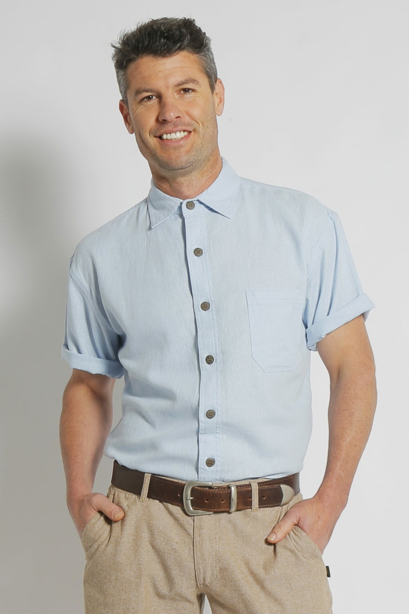 Mens Premium Hemp Rayon Relax Fit Short Sleeve Shirt-Sky