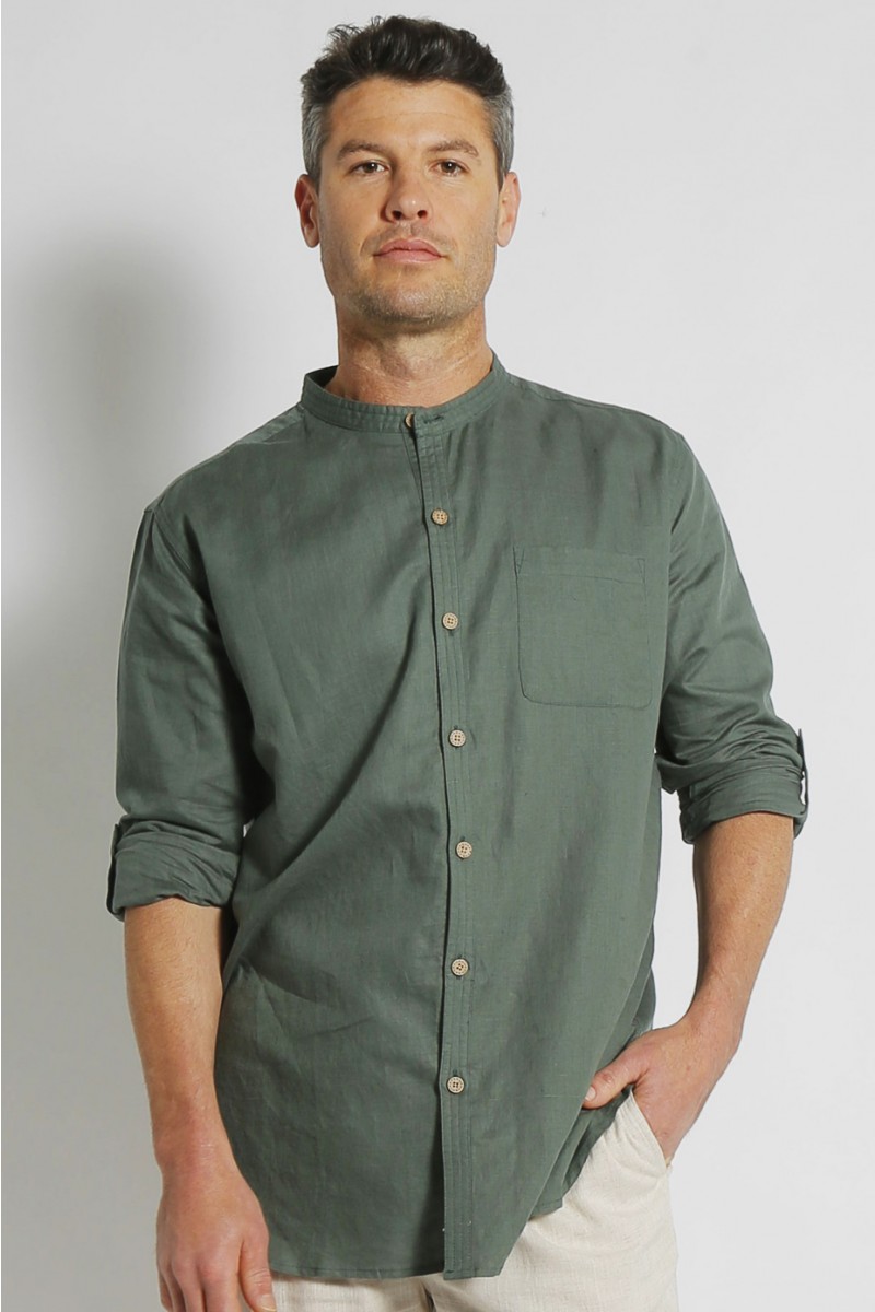 mst017_green_f MEN'S HEMP COTTON LONG SLEEVE GRANDPA SHIRT-NATURAL