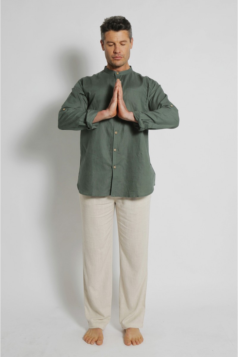 mst017_green_s MEN'S HEMP COTTON LONG SLEEVE GRANDPA SHIRT-NATURAL