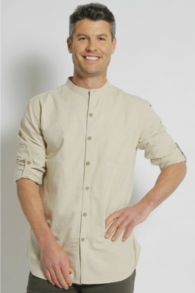 MEN'S HEMP COTTON LONG SLEEVE GRANDPA SHIRT-NATURAL