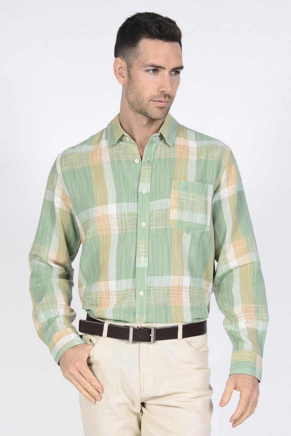 mwt705_green_f_1.jpg Men's 100% Hemp Plaid Shirt-Green