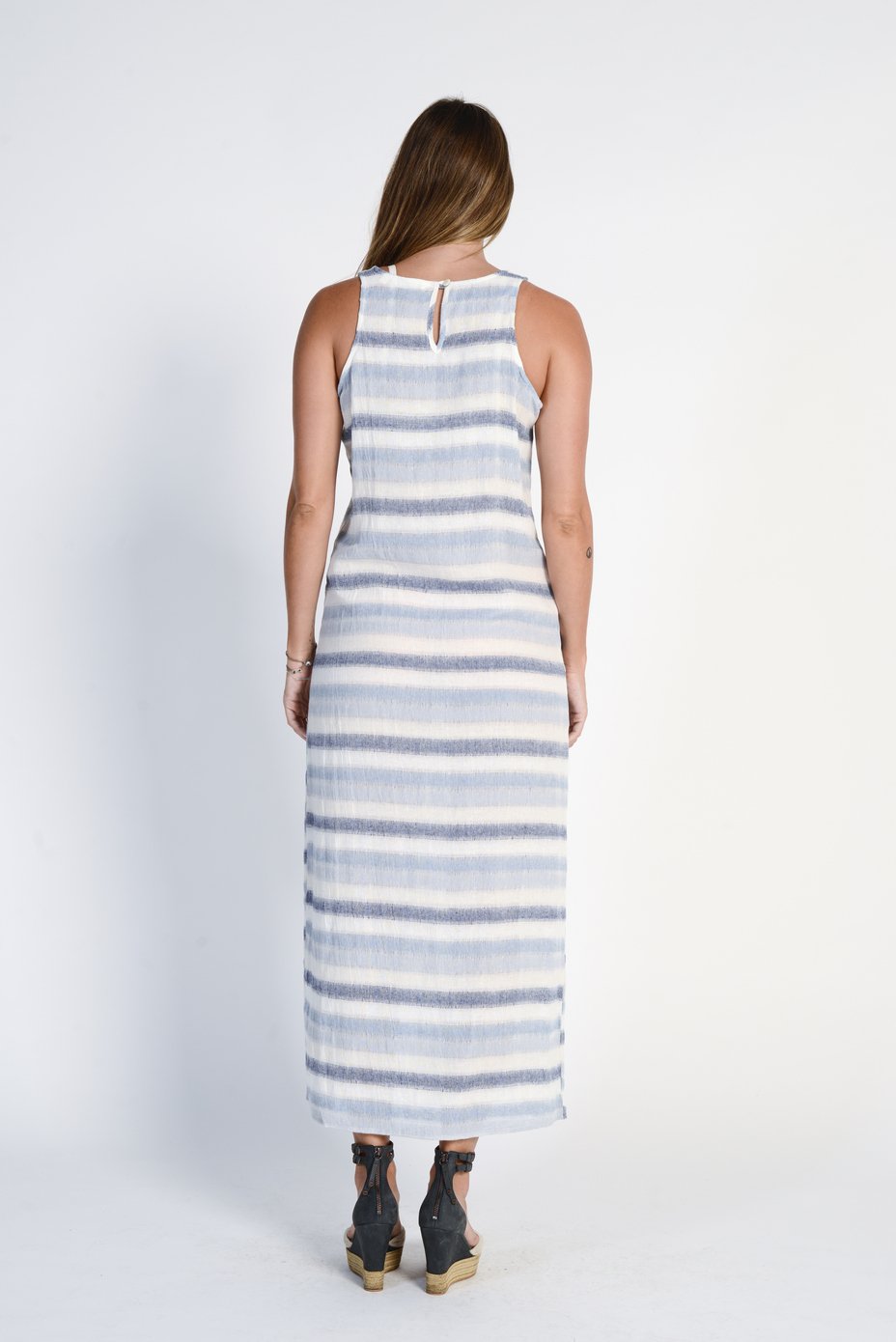 Ladies' 100%Hemp Light Weave Maxi Dress- Blue Stripe