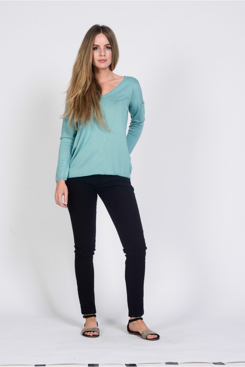 lwt1832_green_ff Ladies Bamboo Cotton V Neck Knit Top-Green