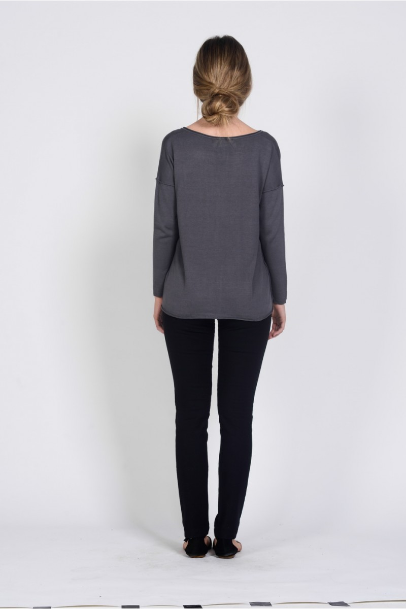 lwt1832_grey_b Ladies Bamboo Cotton V Neck Knit Top-Grey