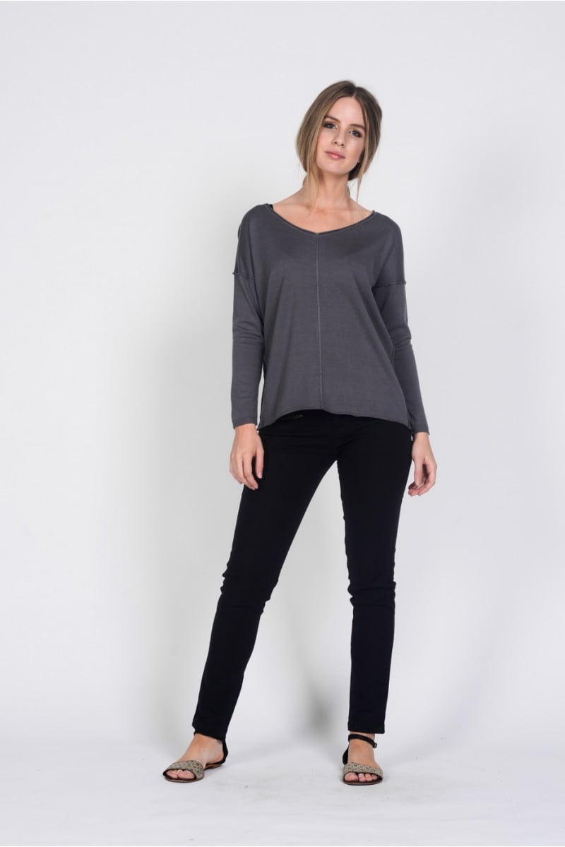 lwt1832_grey_f Ladies Bamboo Cotton V Neck Knit Top-Grey