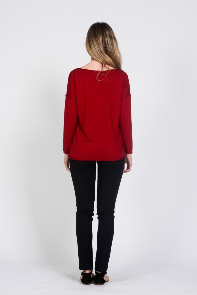 lwt1832_red_b Ladies Bamboo Cotton V Neck Knit Top-Red