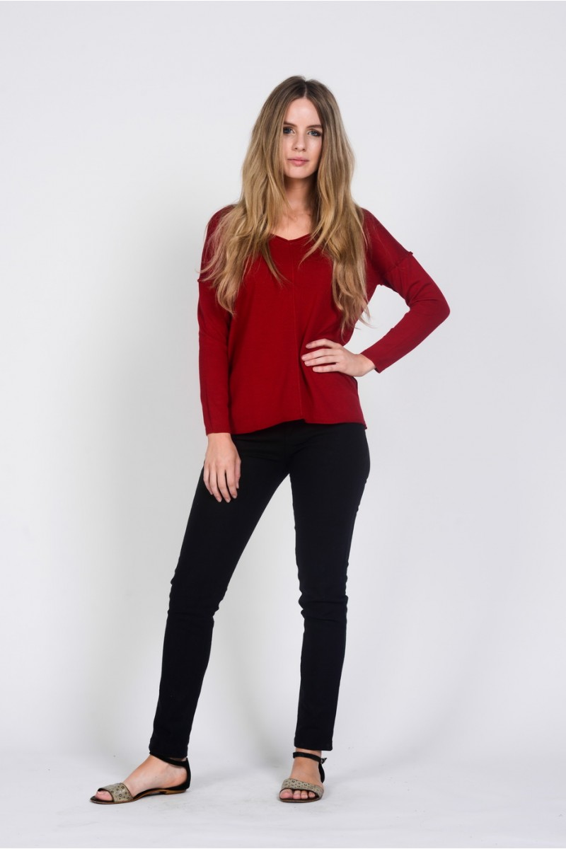 Ladies Bamboo Cotton V Neck Knit Top-Red