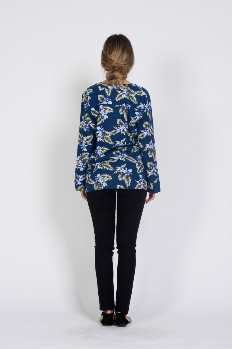 Ladies' Hemp Cotton Print Blouse-Blue