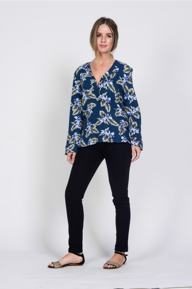 Ladies' Hemp Cotton Print Blouse-Blue