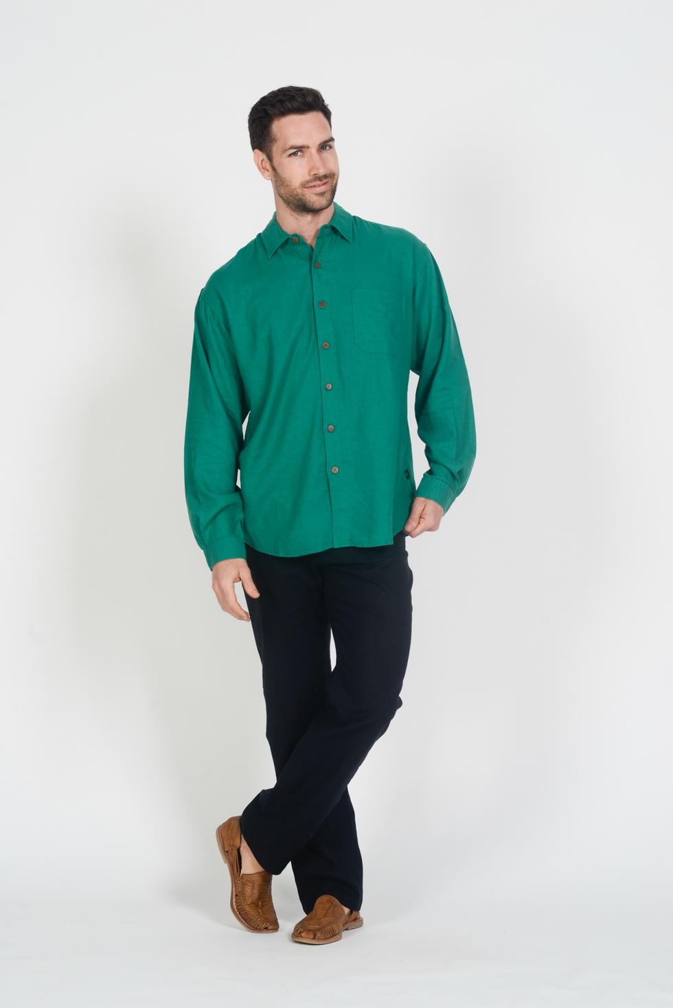 s12_green_ff.jpg Mens Hemp Rayon Relax Fit Long Sleeve Shirt-Chive