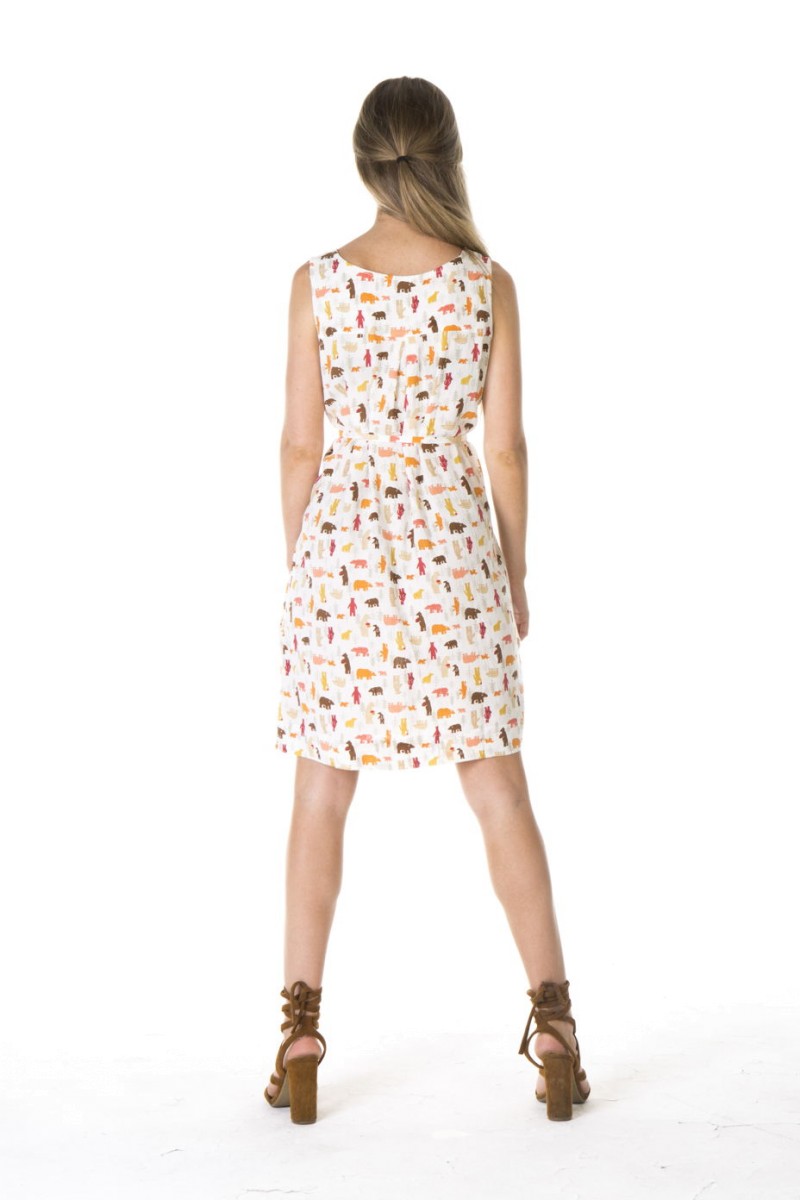 LADIES' HEMP COTTON PRINT SLEEVELESS DRESS-WHITE