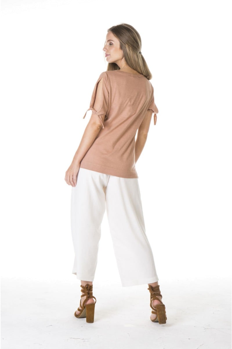 LADIES' HEMP COTTON TIE SLEEVES TEE-MACAROON