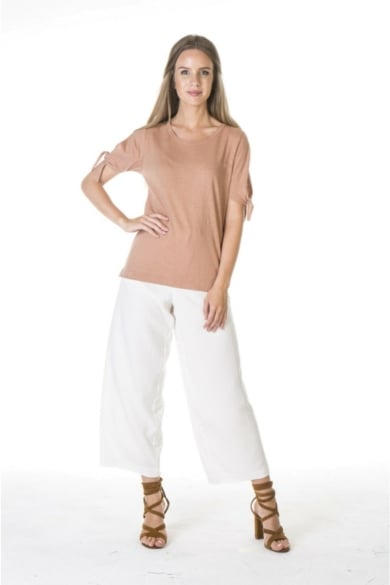 LADIES' HEMP COTTON TIE SLEEVES TEE-MACAROON