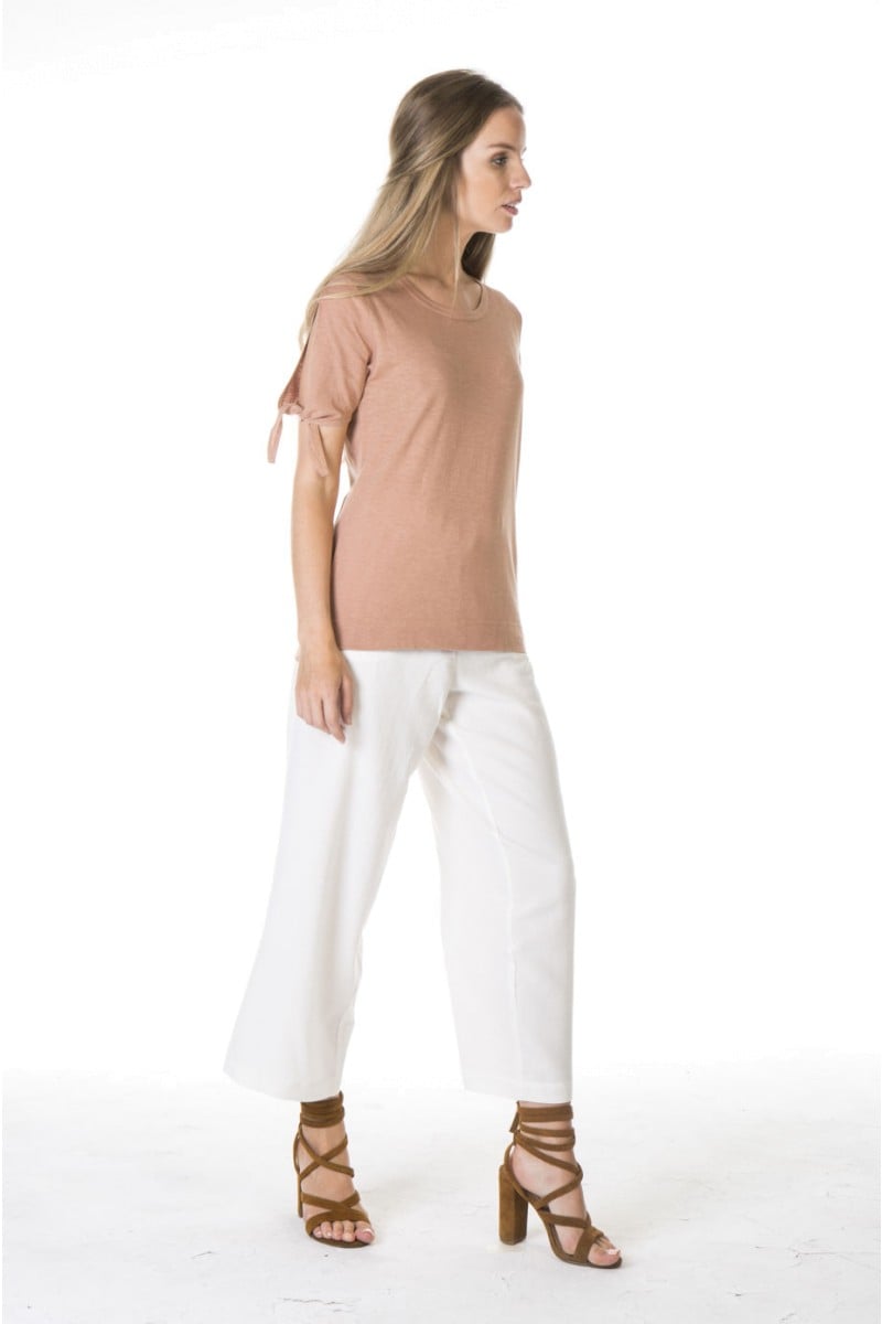 LADIES' HEMP COTTON TIE SLEEVES TEE-MACAROON