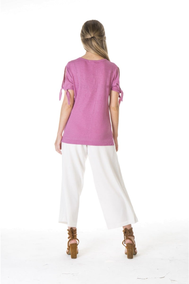 LADIES' HEMP COTTON TIE SLEEVES TEE-PINK