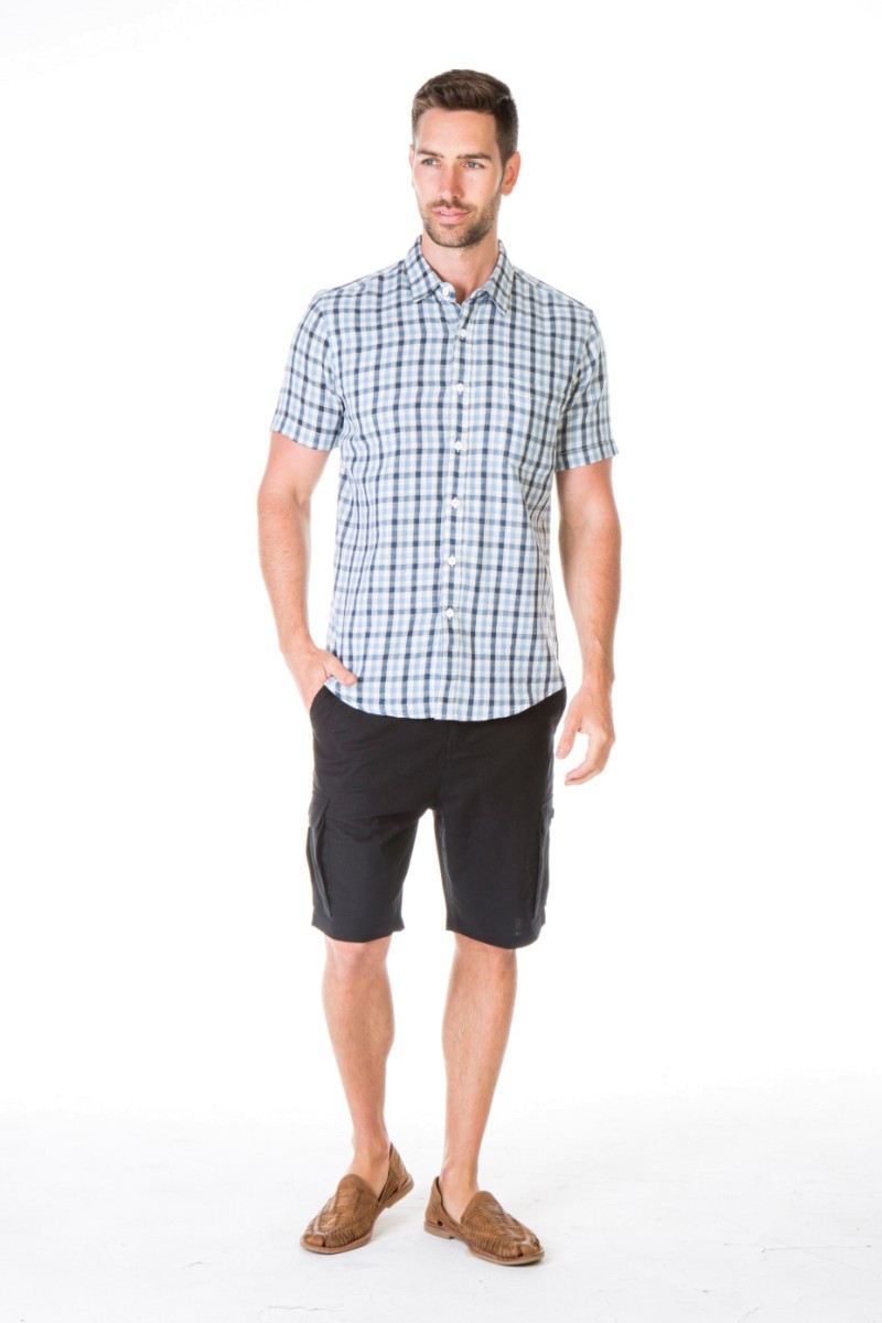 MEN'S HEMP COTTON CHECK SHORT SLEEVES SHIRT-BLUE