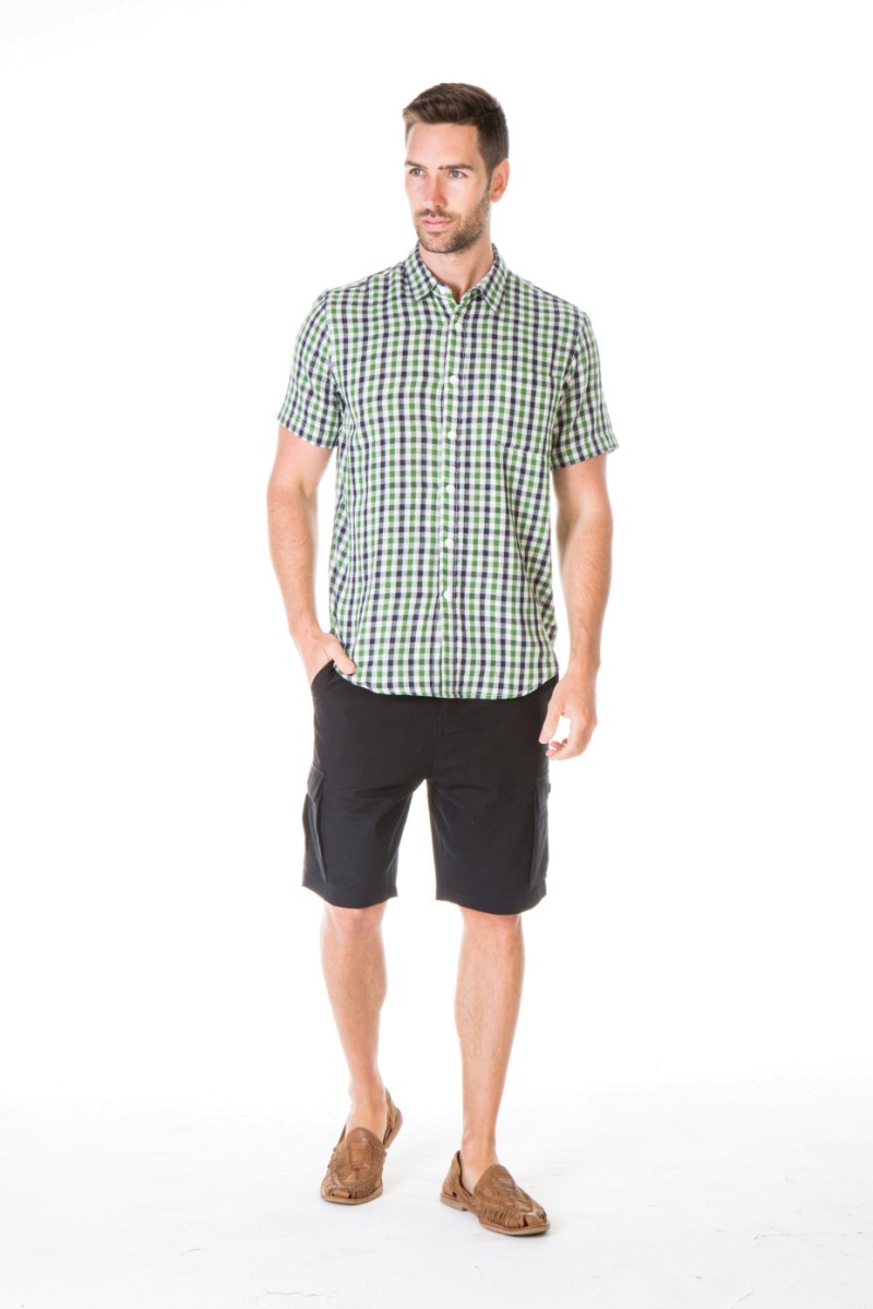 MEN'S HEMP COTTON CHECK SHORT SLEEVES SHIRT-GREEN