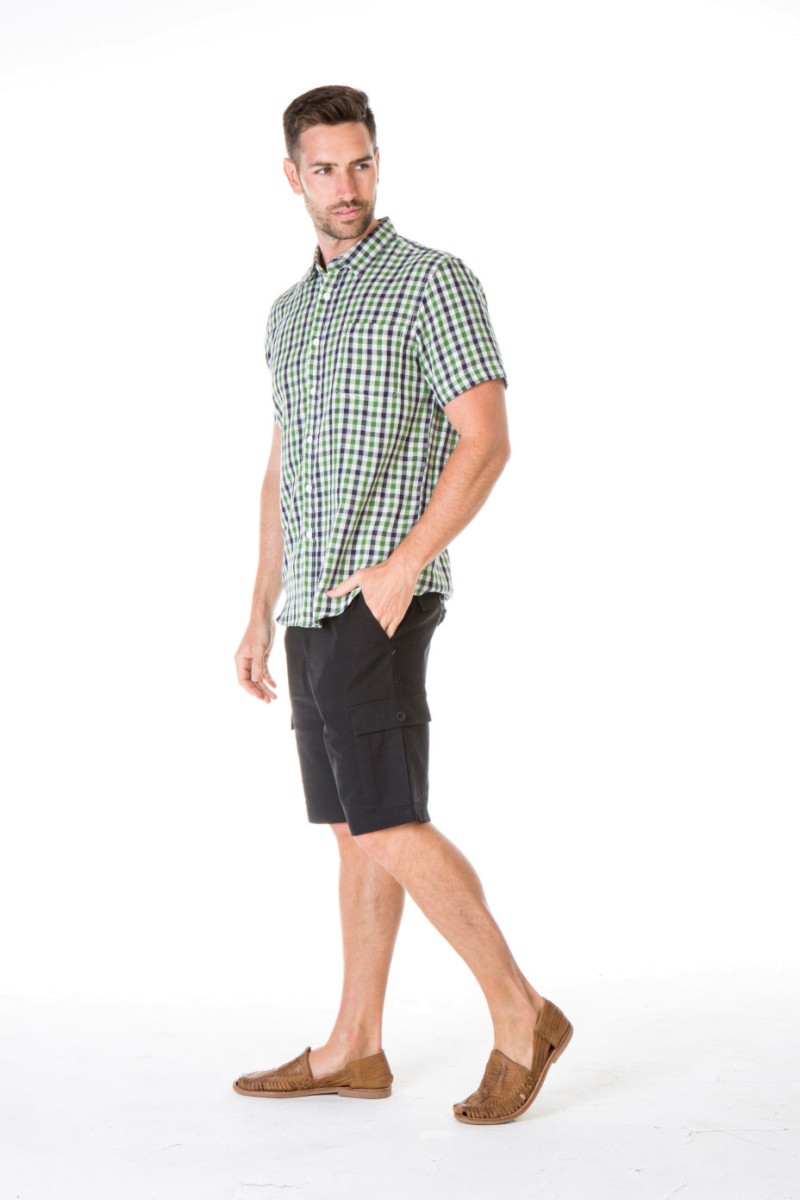 MEN'S HEMP COTTON CHECK SHORT SLEEVES SHIRT-GREEN