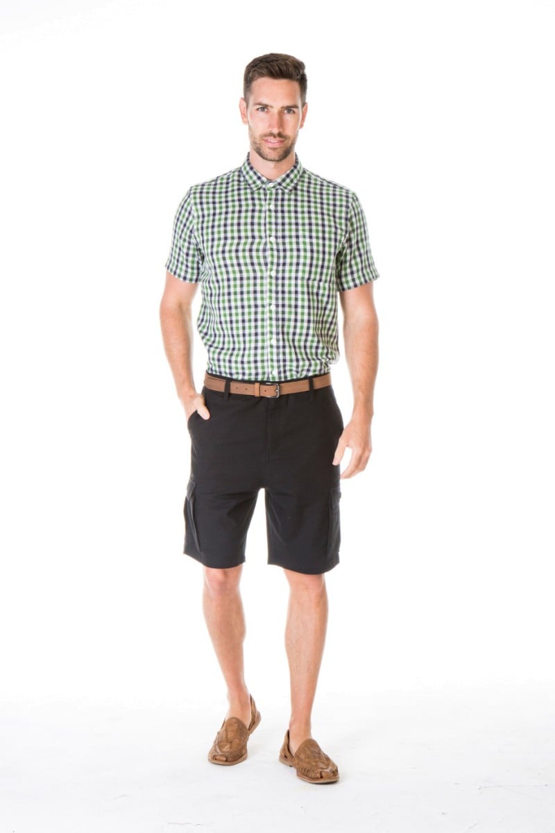 MEN'S HEMP COTTON CHECK SHORT SLEEVES SHIRT-GREEN