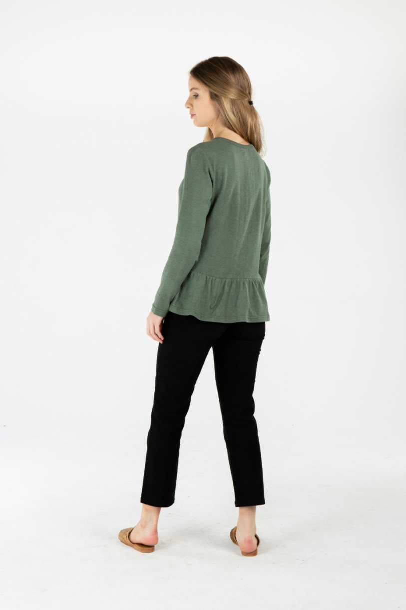 LADIES HEMP COTTON RUFFLE TOP - GREEN