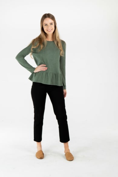 LADIES HEMP COTTON RUFFLE TOP - GREEN