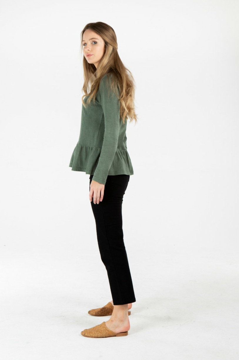 LADIES HEMP COTTON RUFFLE TOP - GREEN