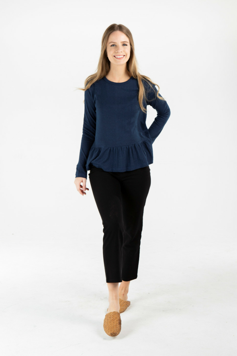 LADIES HEMP COTTON RUFFLE TOP - NAVY