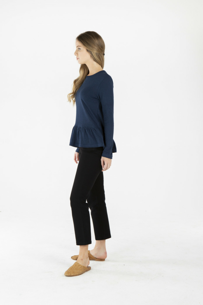 LADIES HEMP COTTON RUFFLE TOP - NAVY