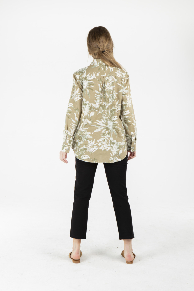 LADIES HEMP COTTON FLORAL PRINT SHIRT - BEIGE