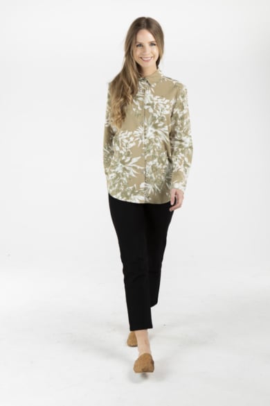 LADIES HEMP COTTON FLORAL PRINT SHIRT - BEIGE