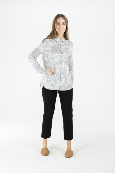 LADIES HEMP COTTON FLORAL PRINT SHIRT - GREY