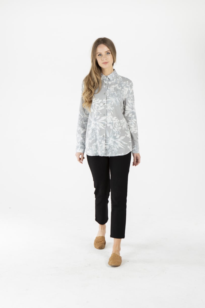 LADIES HEMP COTTON FLORAL PRINT SHIRT - GREY