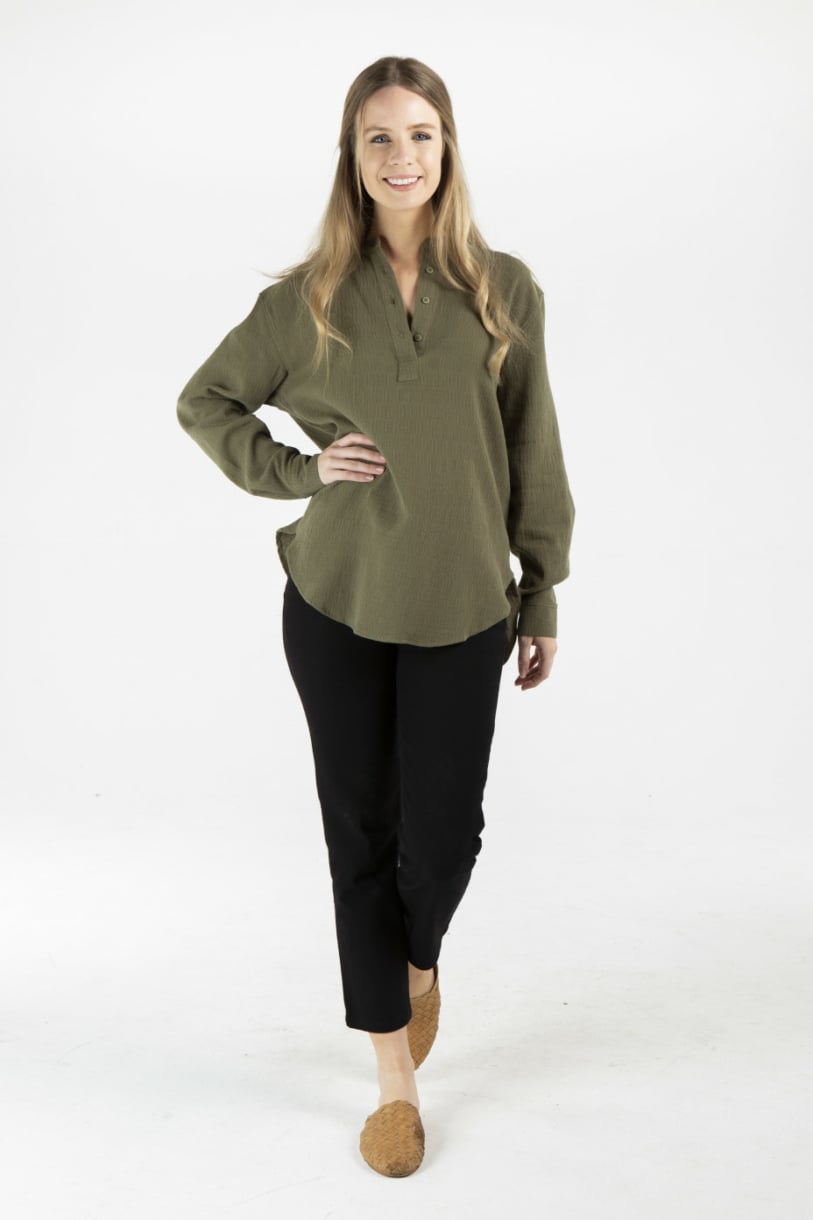 LADIES HEMP COTTON BUTTON BLOUSE - OLIVE