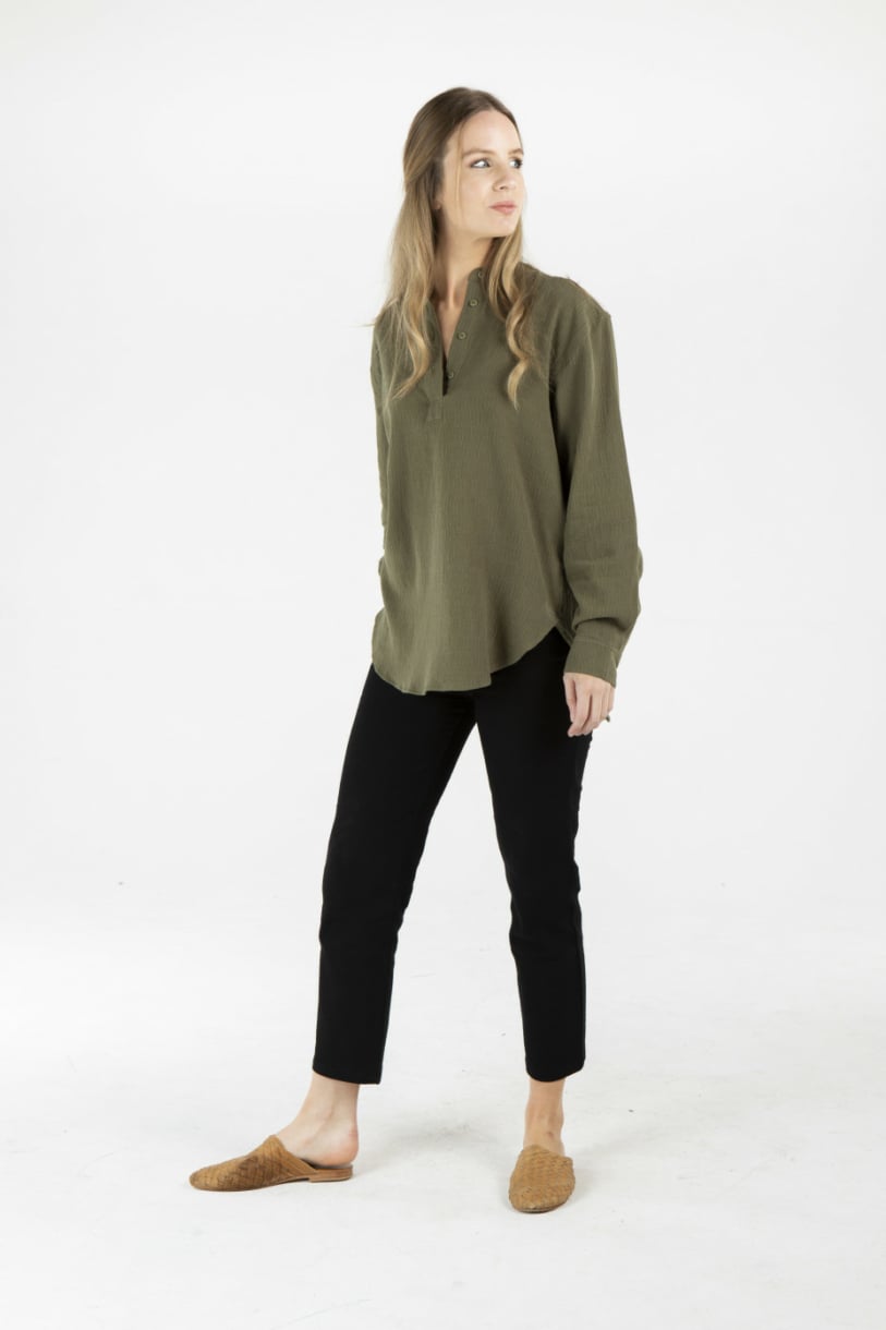 LADIES HEMP COTTON BUTTON BLOUSE - OLIVE