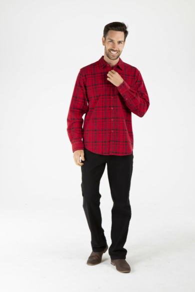 MENS HEMP COTTON LONG SLEEVE CHECK SHIRT - RED