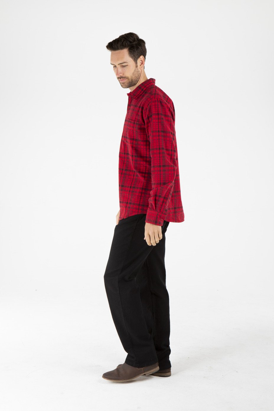 MENS HEMP COTTON LONG SLEEVE CHECK SHIRT - RED