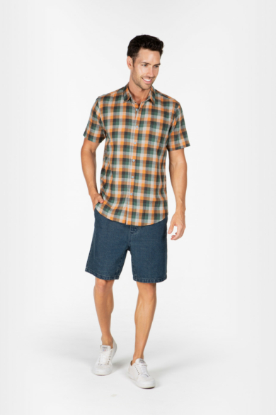 MENS HEMP COTTON PLAID SHORT SLEEVE SHIRT - ORANGE GREEN