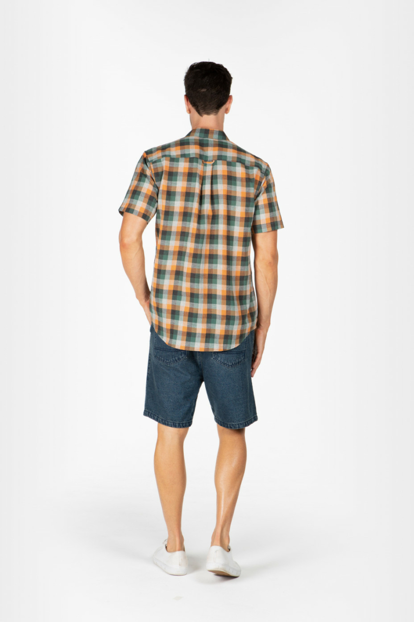 MENS HEMP COTTON PLAID SHORT SLEEVE SHIRT - ORANGE GREEN