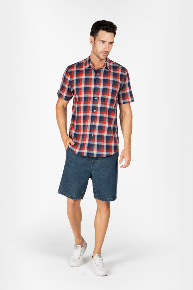 MENS HEMP COTTON PLAID SHORT SLEEVE SHIRT - RED BLUE