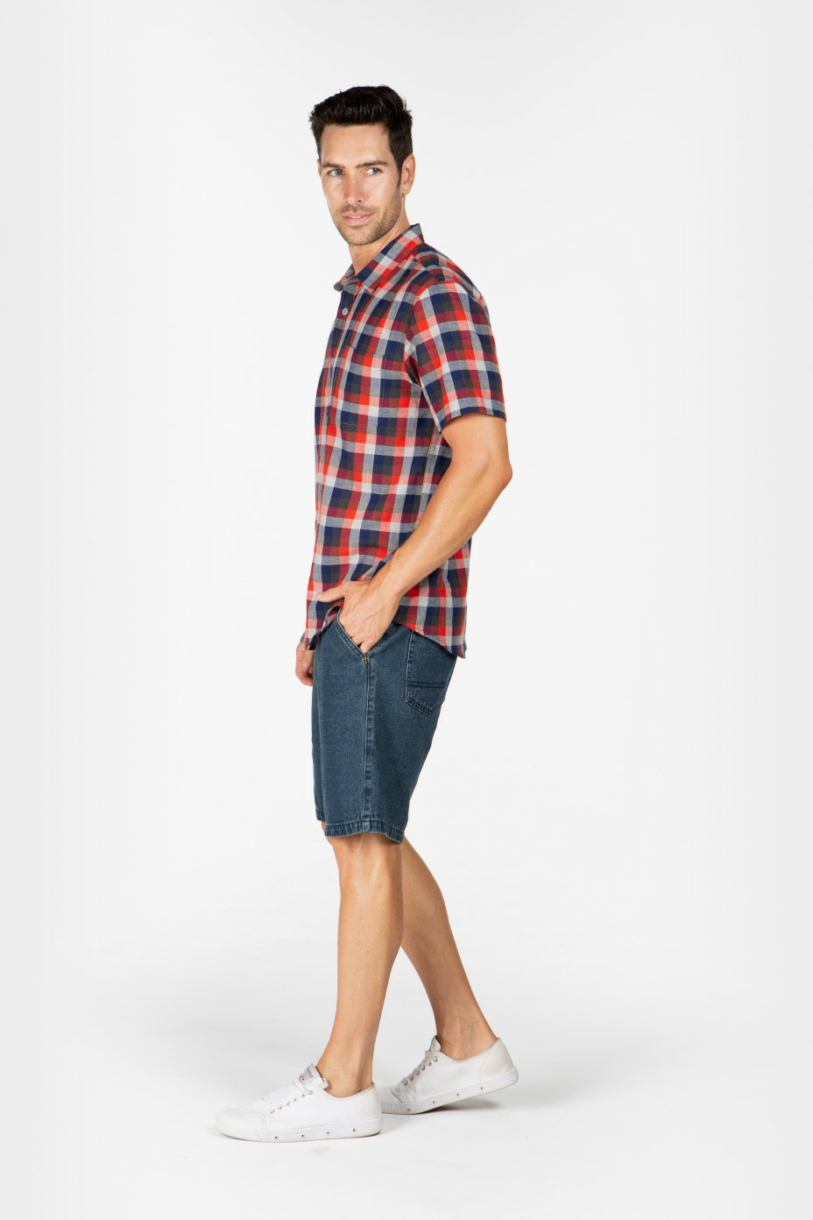 MENS HEMP COTTON PLAID SHORT SLEEVE SHIRT - RED BLUE